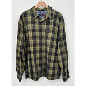 Tommy Jeans Flannel Shirt Men XL Green Plaid Button Up Long Sleeve Pockets Vinta